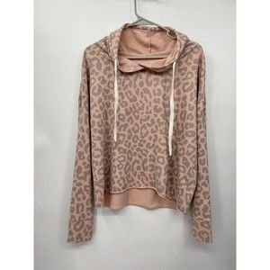 Peyton Jensen Sm Hoodie Women Pink Leopard‎ Print Raw Hem Relaxed Fit Sweatshirt
